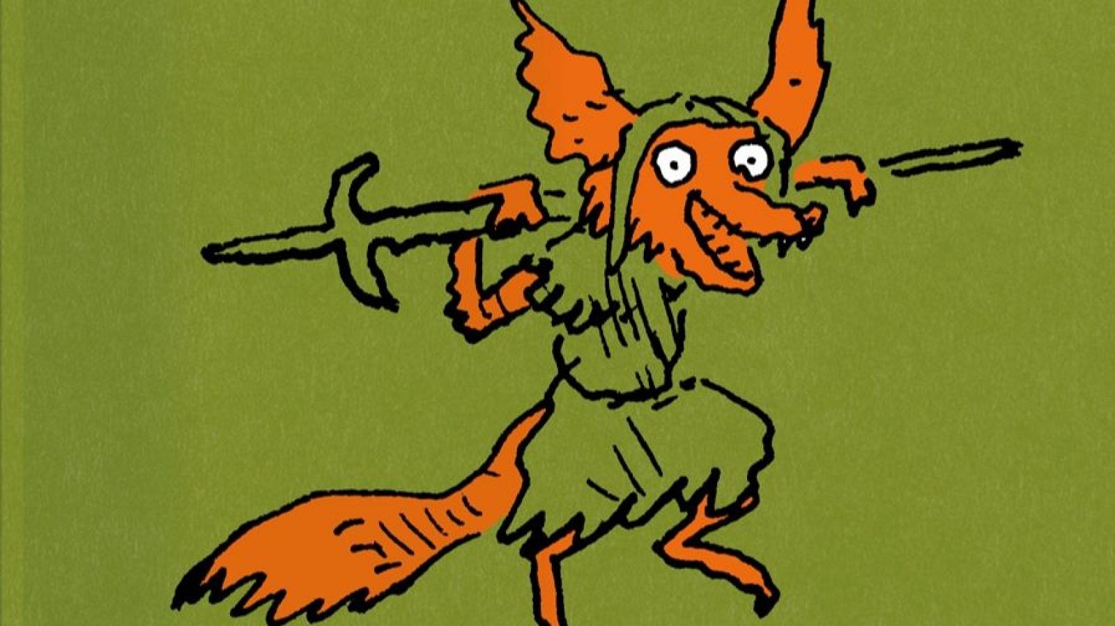 Zorro antropomórfico naranja corriendo, con túnica y casco verdes oscuros, empuña lanza y hacha. Expresión eufórica, estilo de dibujo sencillo.