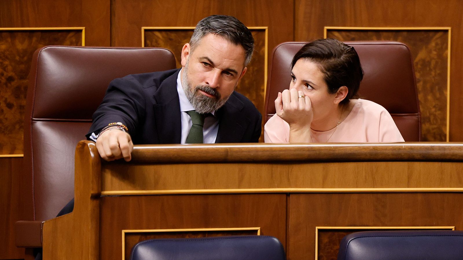 El líder de Vox, Santiago Abascal, conversa con la diputada Rocío de Meer