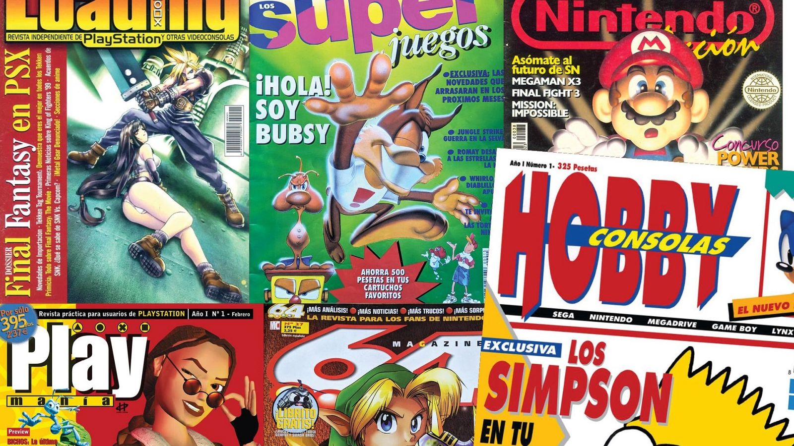 Collage de portadas de revistas de videojuegos de los 90, con personajes como Cloud, Tifa, Bubsy, Mario y Link, y menciones a Final Fantasy VII, Megaman X3, Sega y Nintendo.