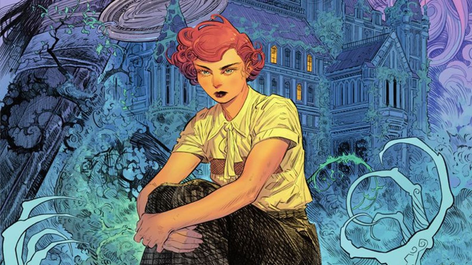 Ilustración de una joven pelirroja con ropa clara ante una mansión gótica y elementos sobrenaturales. Portada del cómic 'Helen de Wyndhorn'.