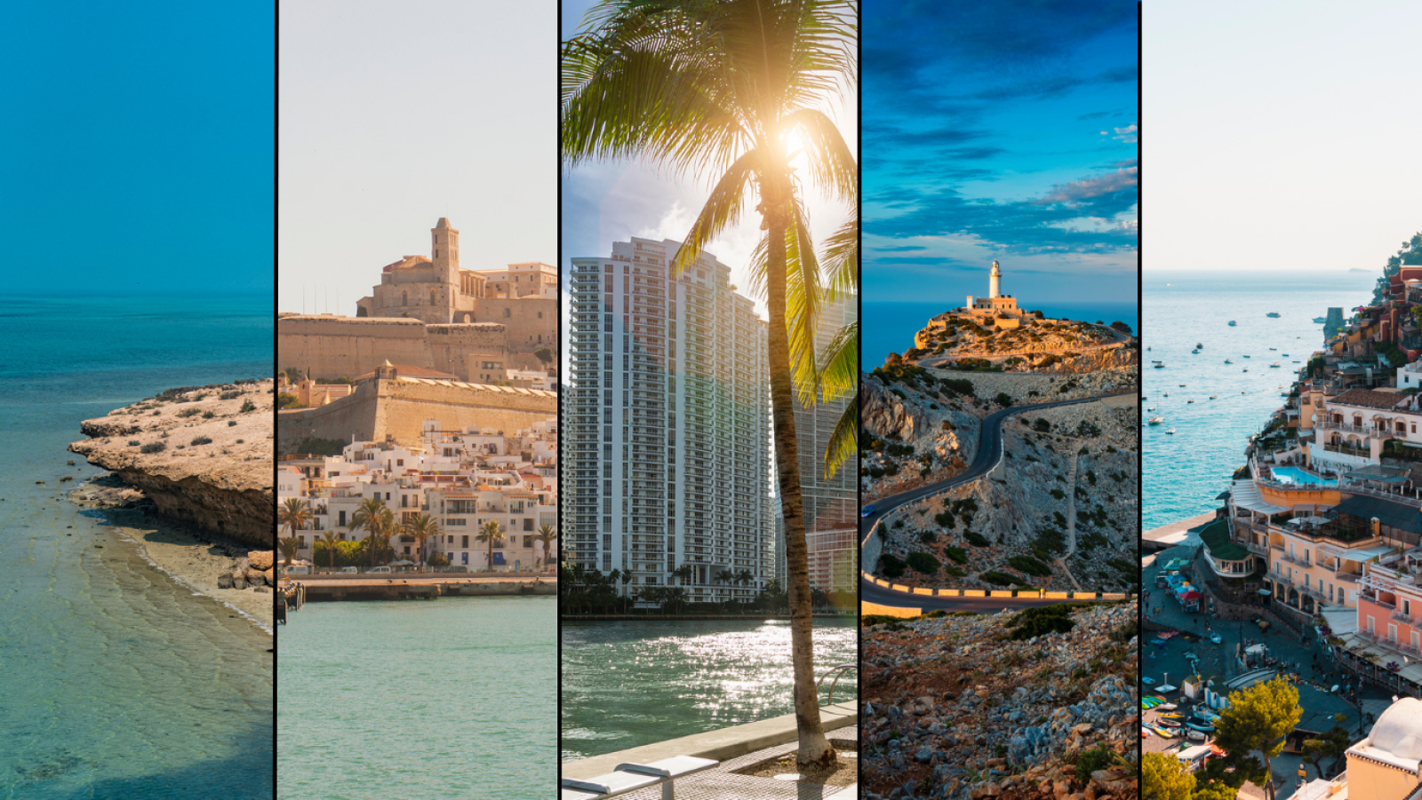 Imagen con cinco franjas mostrando paisajes costeros variados: isla rocosa, ciudad con fortificación, edificios modernos, faro en colina y pueblo con casas de colores. Diferentes opciones turísticas.