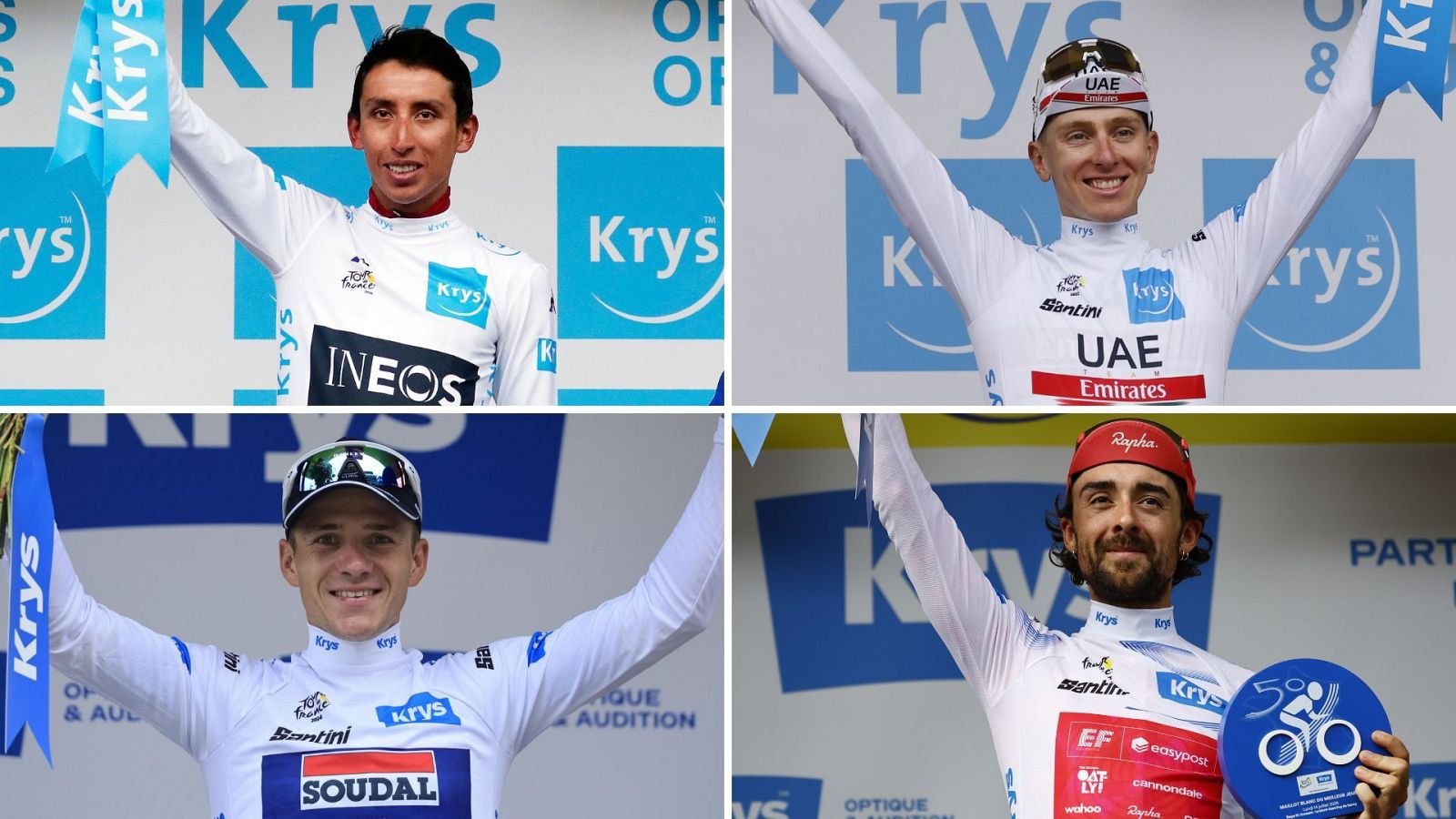De arriba abajo e izquierda a derecha, Egan Bernal, Tadej Pogacar, Remco Evenepoel y Ben Healy, con el maillot blanco del Tour de Francia
