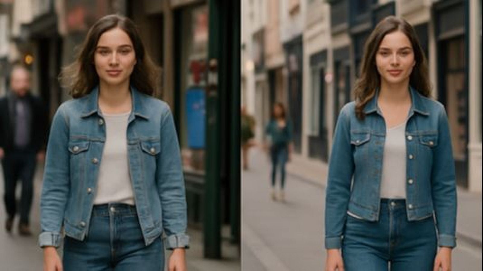 Mujer joven con chaqueta vaquera en dos fotos con fondos urbanos diferentes.  Mirada directa en una y desviada en la otra.  Ambas imágenes muestran figuras desenfocadas en el fondo.