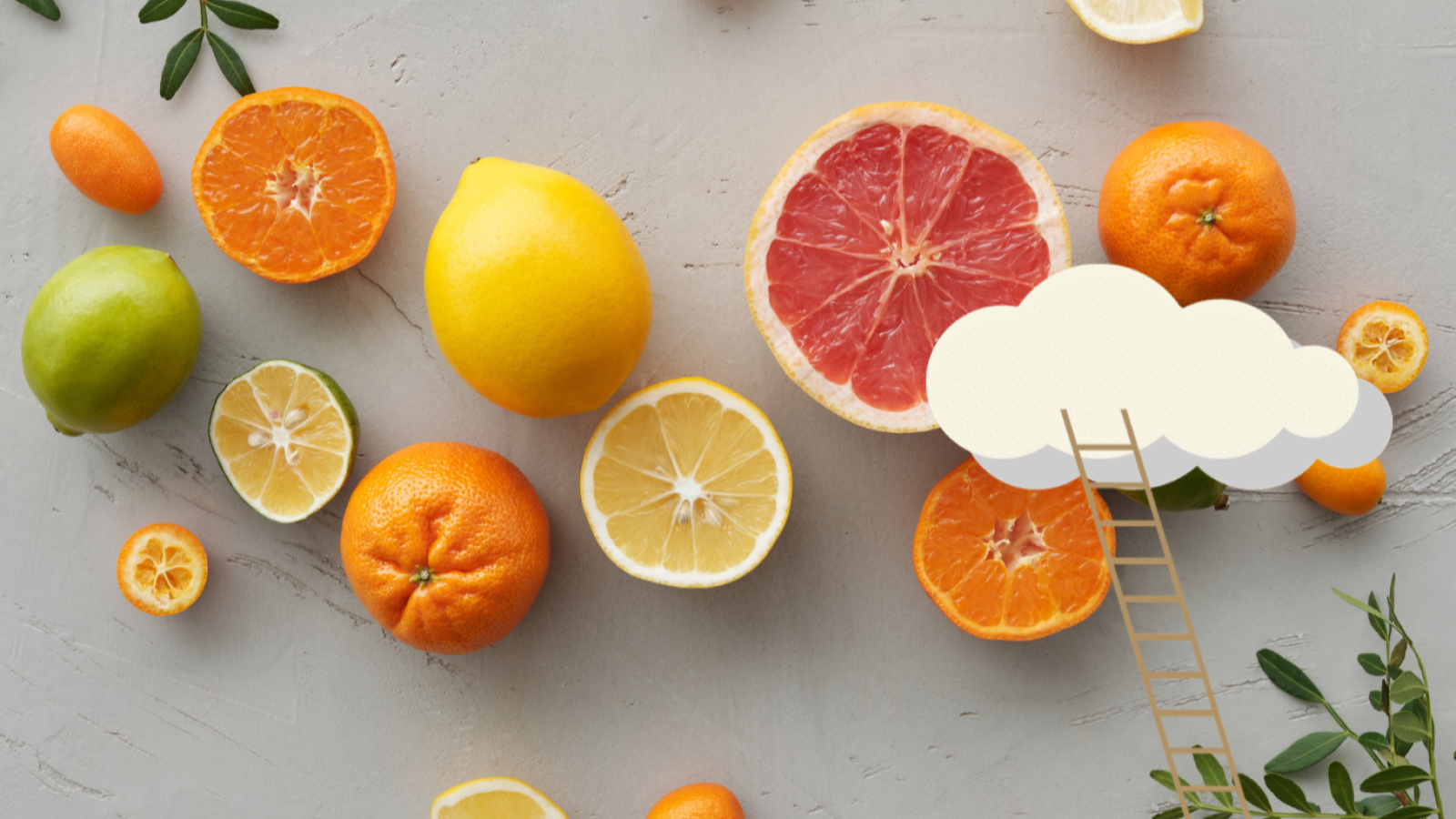 Cítricos frescos (naranjas, limones, limas) y una escalera subiendo a una nube ilustrada.  Simboliza un plan alternativo.