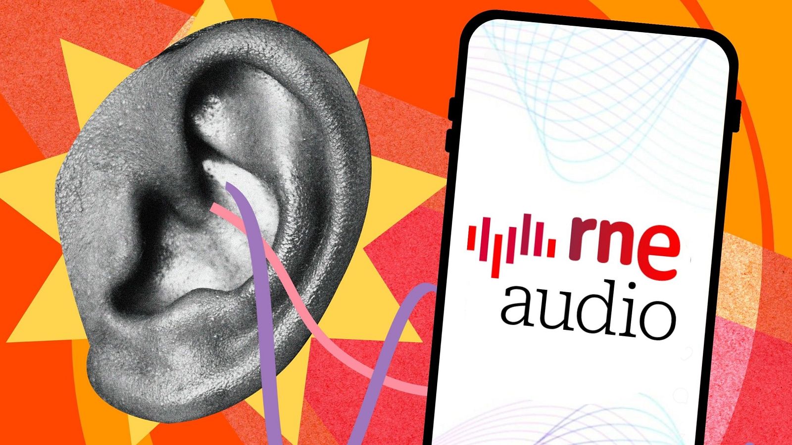 Oreja y móvil con la app de RNE mostrando su logo; líneas rosas y moradas conectan ambos, representando la transmisión de audio.