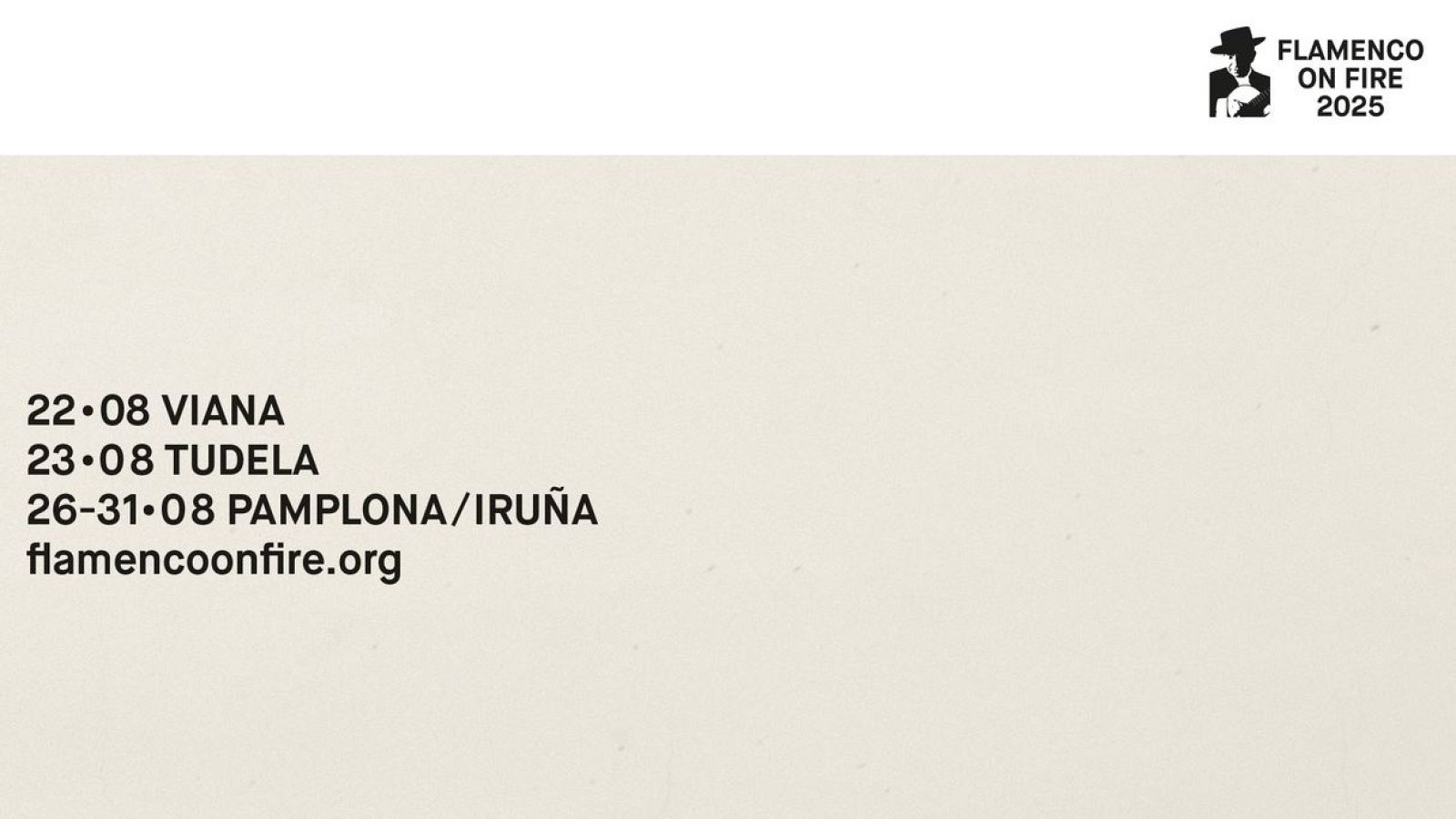 Anuncio del festival Flamenco On Fire 2025 con logo de guitarrista flamenco, fechas de conciertos en varias ciudades y dirección web.