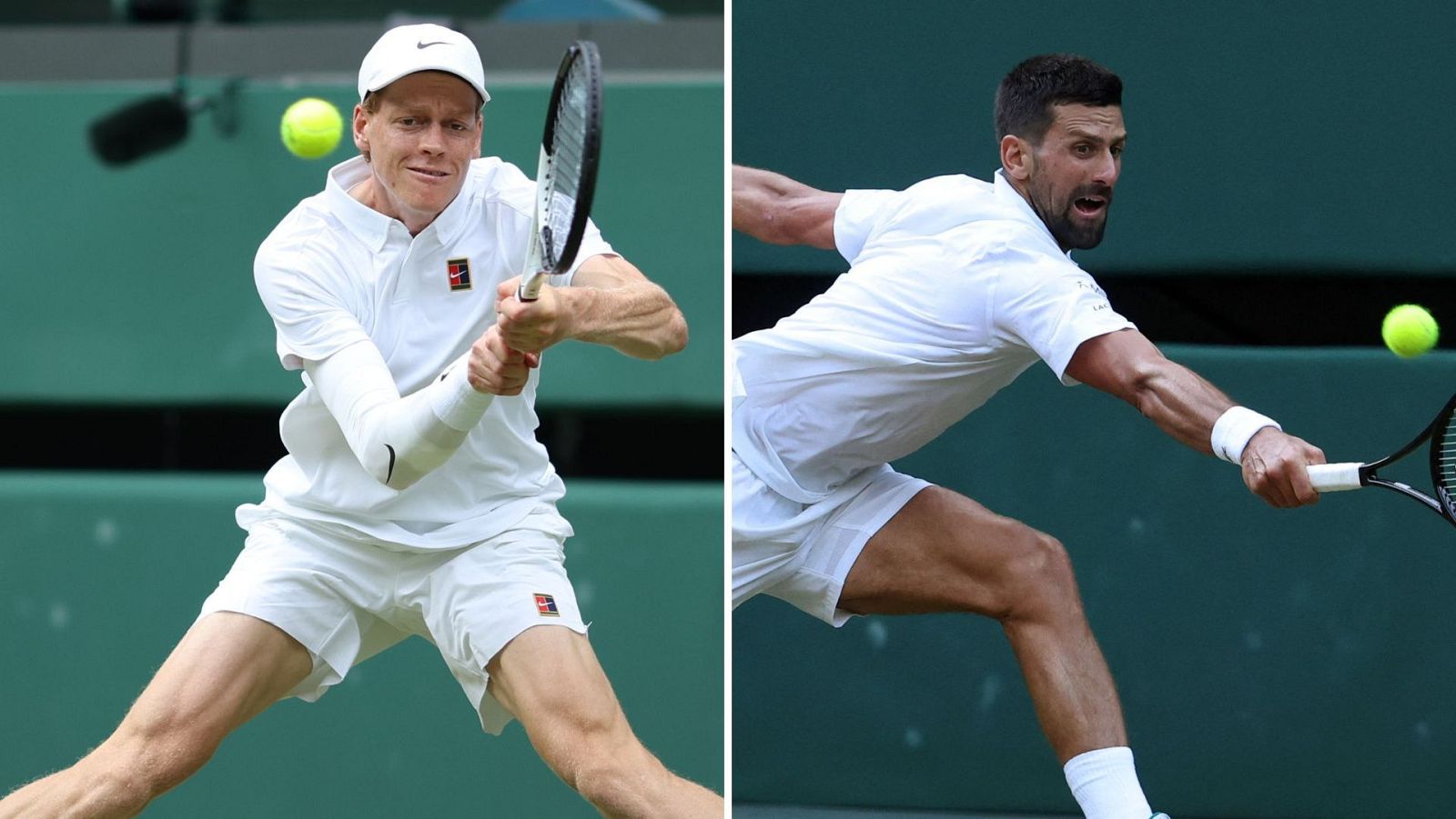Jannik Sinner (i) y Novak Djokovic, en sus partidos de cuartos de final en Wimbledon