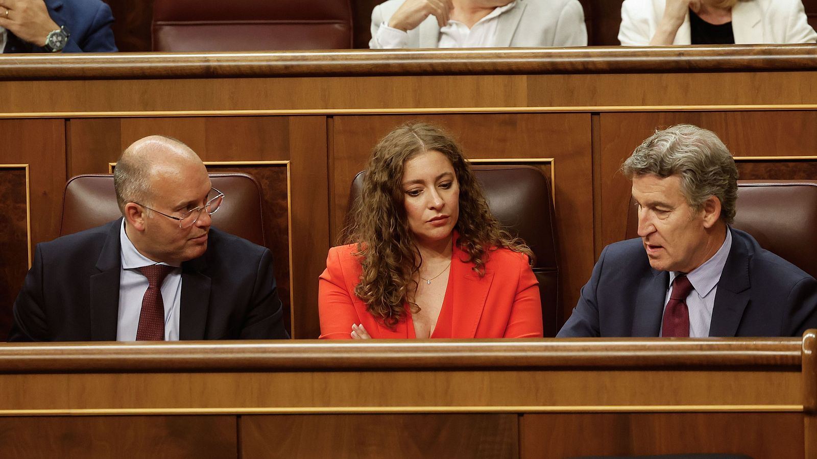 Alberto Núñez Feijóo, Ester Muñoz y Miguel Tellado en el Congreso de los Diputados este miércoles
