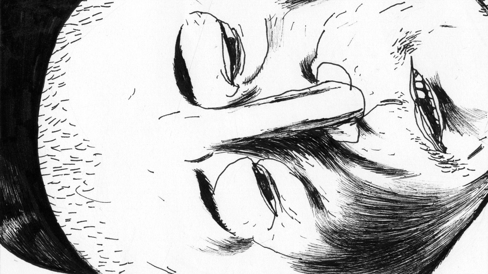 Viñeta de cómic en blanco y negro: rostro masculino, casi de perfil, con ojos entrecerrados, boca entreabierta y barba incipiente. Trazos a tinta, fondo blanco.