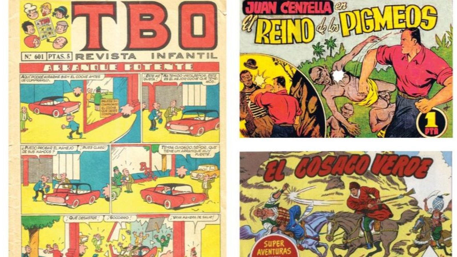 Portada del tebeo TBO nº 601 (5 pesetas) con viñetas de historietas;  "ARRANQUE POTENTE", escenas de acción y humor con coches.  Viñetas de Juan Centella y El Cosaco Verde.