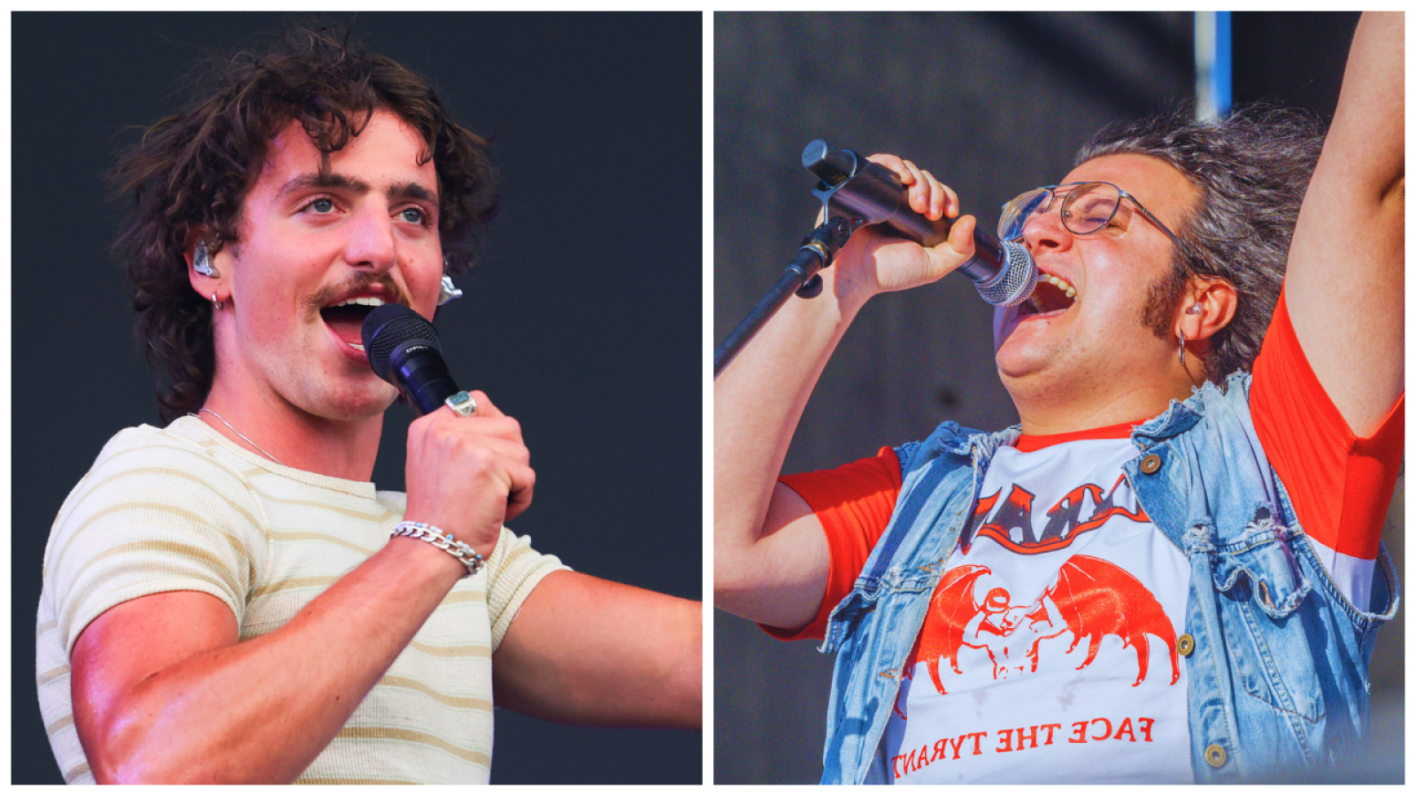 Imágenes de dos cantantes en concierto: uno con camiseta a rayas y micrófono, otro con gafas y chaqueta vaquera, ambos con micrófonos.