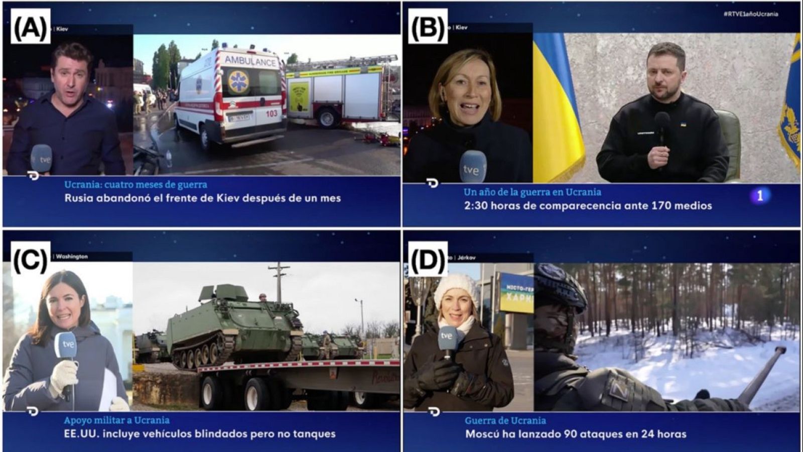 Imágenes de noticias sobre la guerra en Ucrania: reportaje sobre los primeros meses del conflicto, comparecencia de Zelenskyy, apoyo militar de EEUU (sin tanques) y ataques rusos.