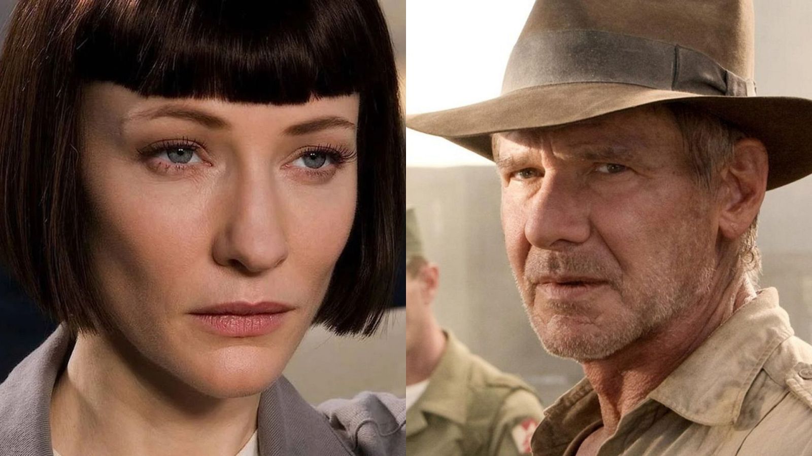 Dos retratos: Cate Blanchett con pelo corto y chaqueta gris, mirada seria; Harrison Ford con sombrero, camisa beige y expresión seria, mirando a la derecha. Fondo con uniforme militar desenfocado.