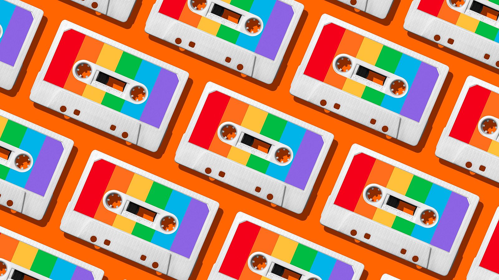 Patrón repetitivo de cassettes con colores arcoíris, dispuestos diagonalmente sobre fondo naranja.  Diseño visual que sugiere una conexión entre música y la comunidad LGBTQ+.