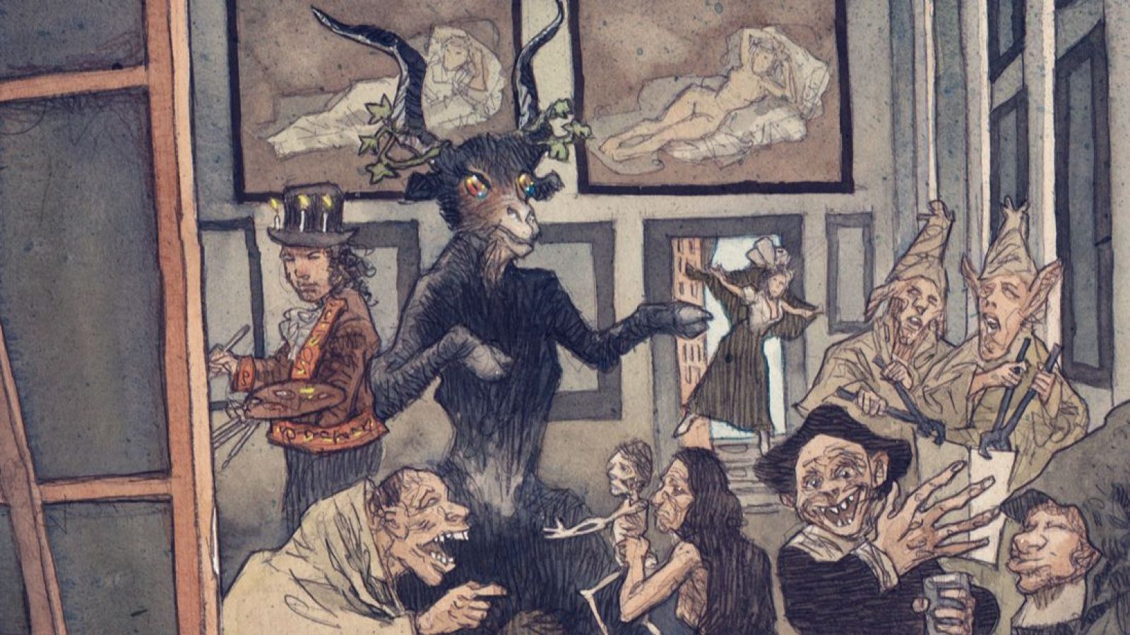 Cabra antropomórfica y figuras grotescas en un taller de arte oscuro.  Personajes con pinceles y lienzos con figuras femeninas desnudas. Atmósfera fantástica y macabra.