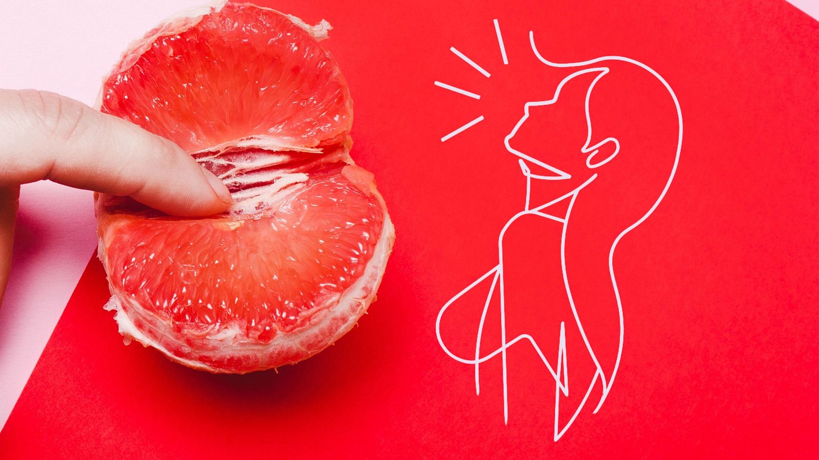 Pomelo abierto, dedo en su interior, dibujo de mujer con expresión placentera sobre fondo rojo y rosa. Ilustración para podcast sobre orgasmo femenino.