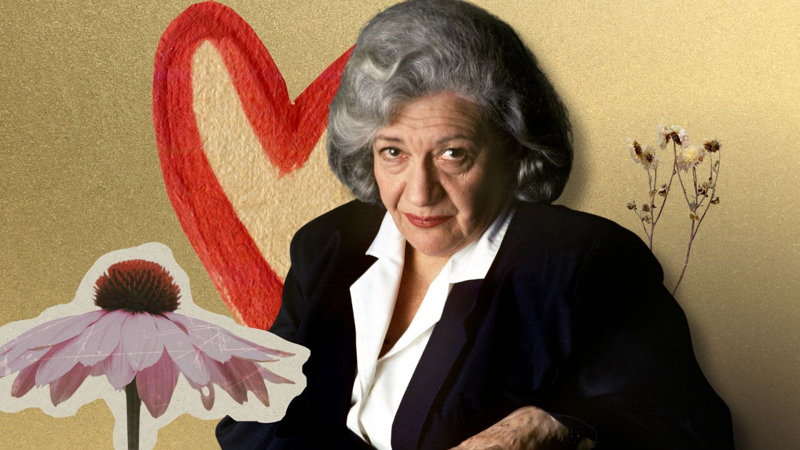 Collage de Ana María Matute con fondo dorado; la escritora, con traje oscuro y pelo canoso, mira al espectador; detalles como una flor rosa y un corazón rojo adornan la imagen.
