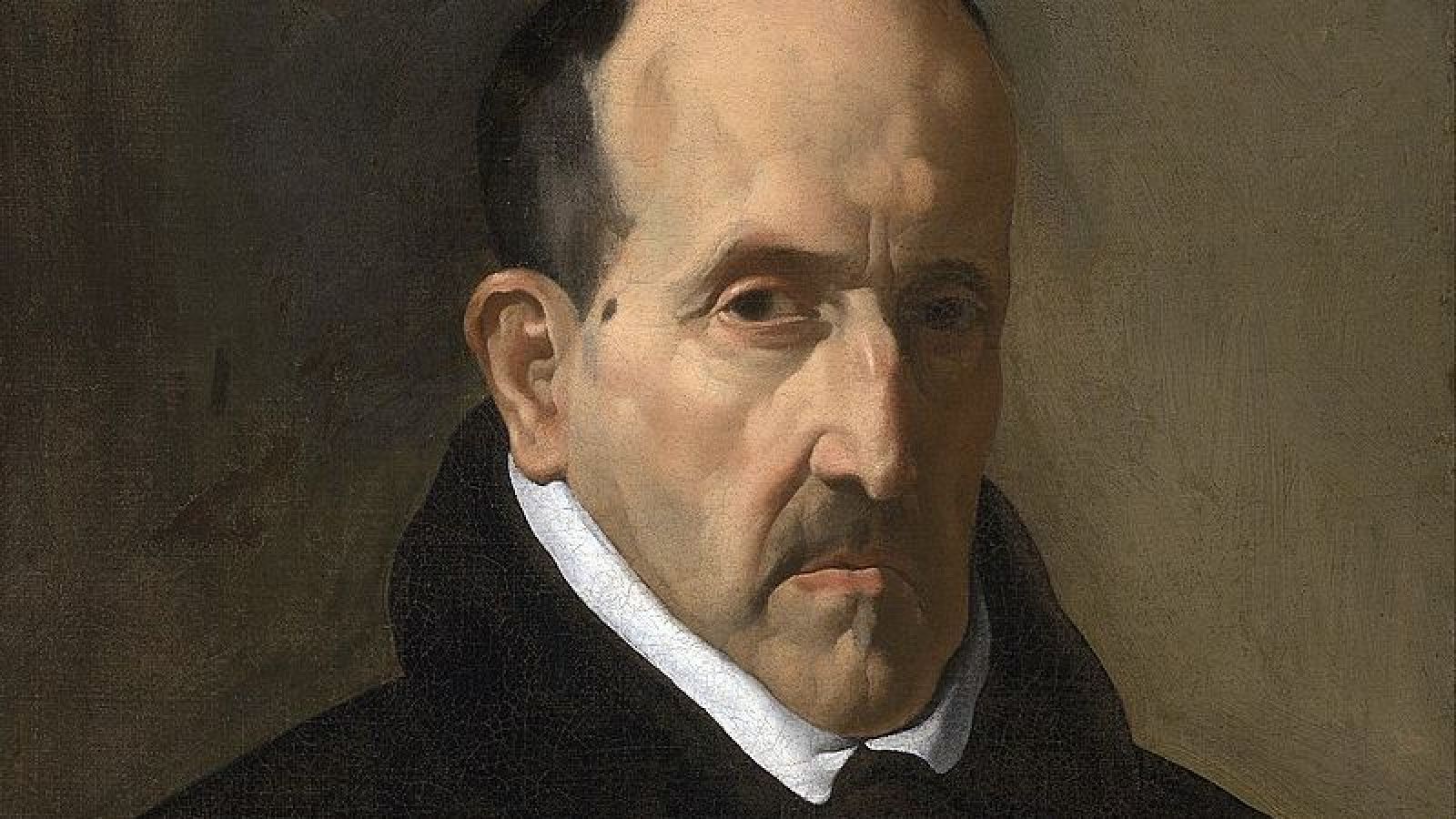 Velázquez retrata a Góngora, hombre de mediana edad con expresión seria, bigote y gorguera blanca sobre ropa oscura, sobre un fondo neutro.