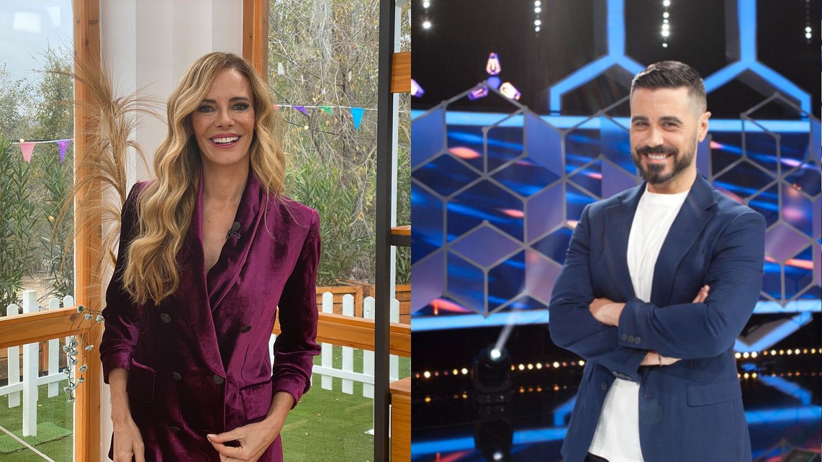 Dos presentadores, uno en exterior con banderines y americana granate, otro en plató con fondo azul y americana azul marino, sonriendo.