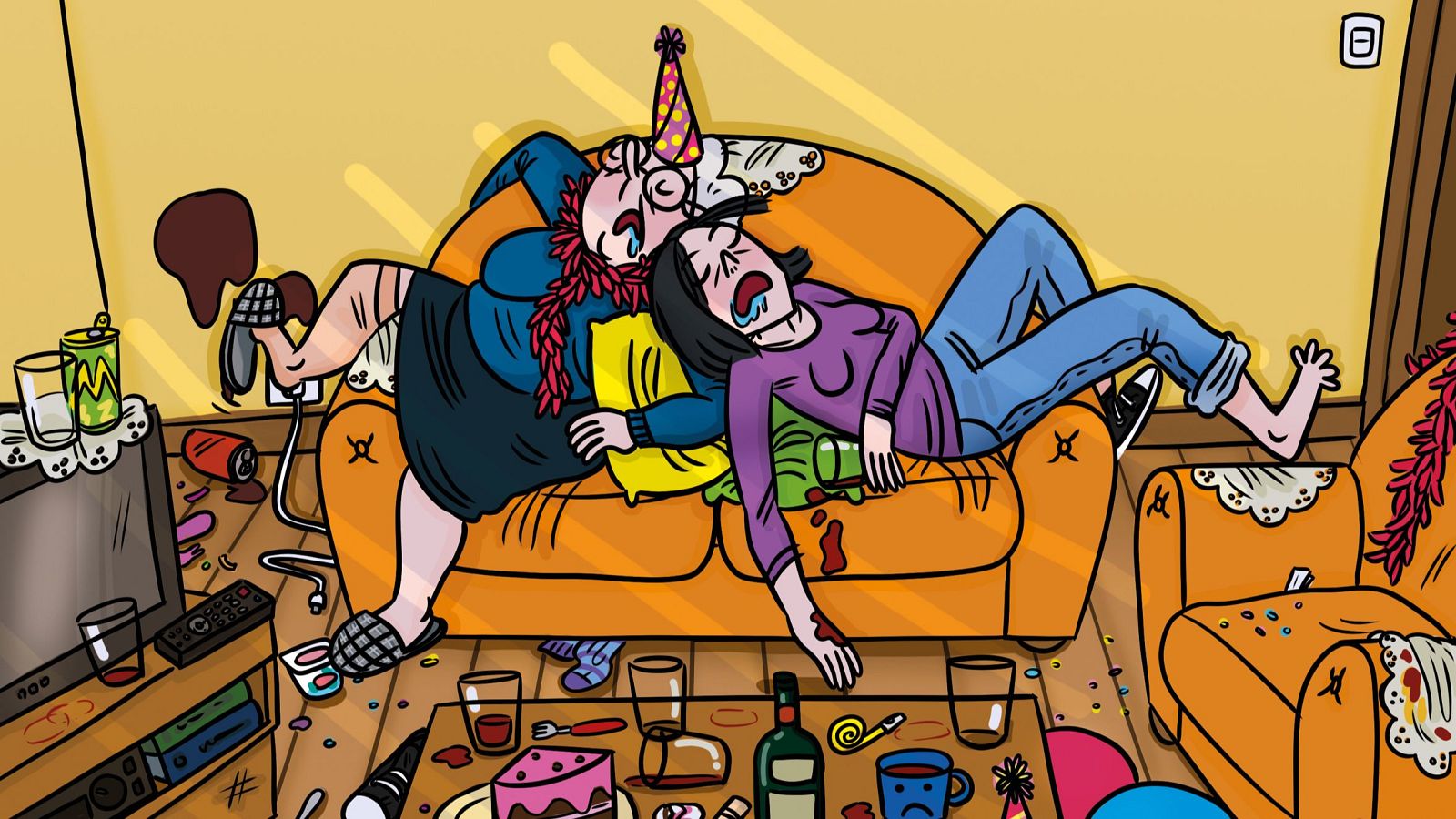 Dos mujeres dormidas en un sofá naranja tras una fiesta, rodeadas de vasos, botellas y confeti.  Desorden y signos de una celebración intensa.
