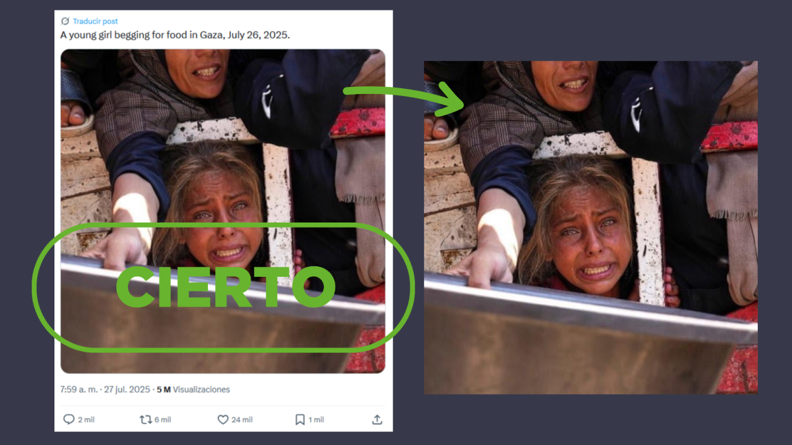 Esta foto de una niña gazatí en un reparto de comida es real y actual