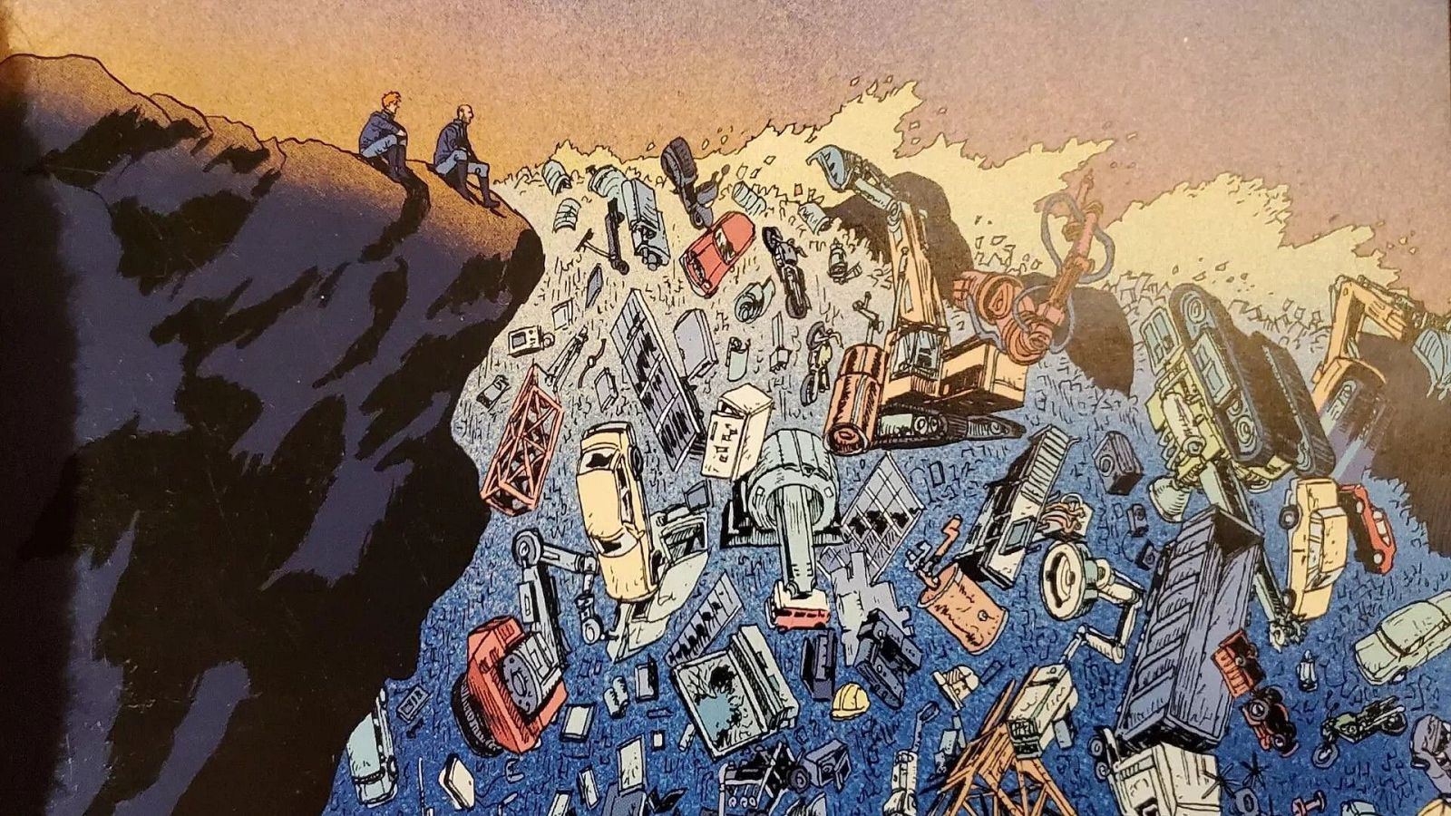 Dos figuras observan desde un acantilado un mar contaminado con residuos de maquinaria, vehículos y electrodomésticos.  Imagen de cómic europeo.