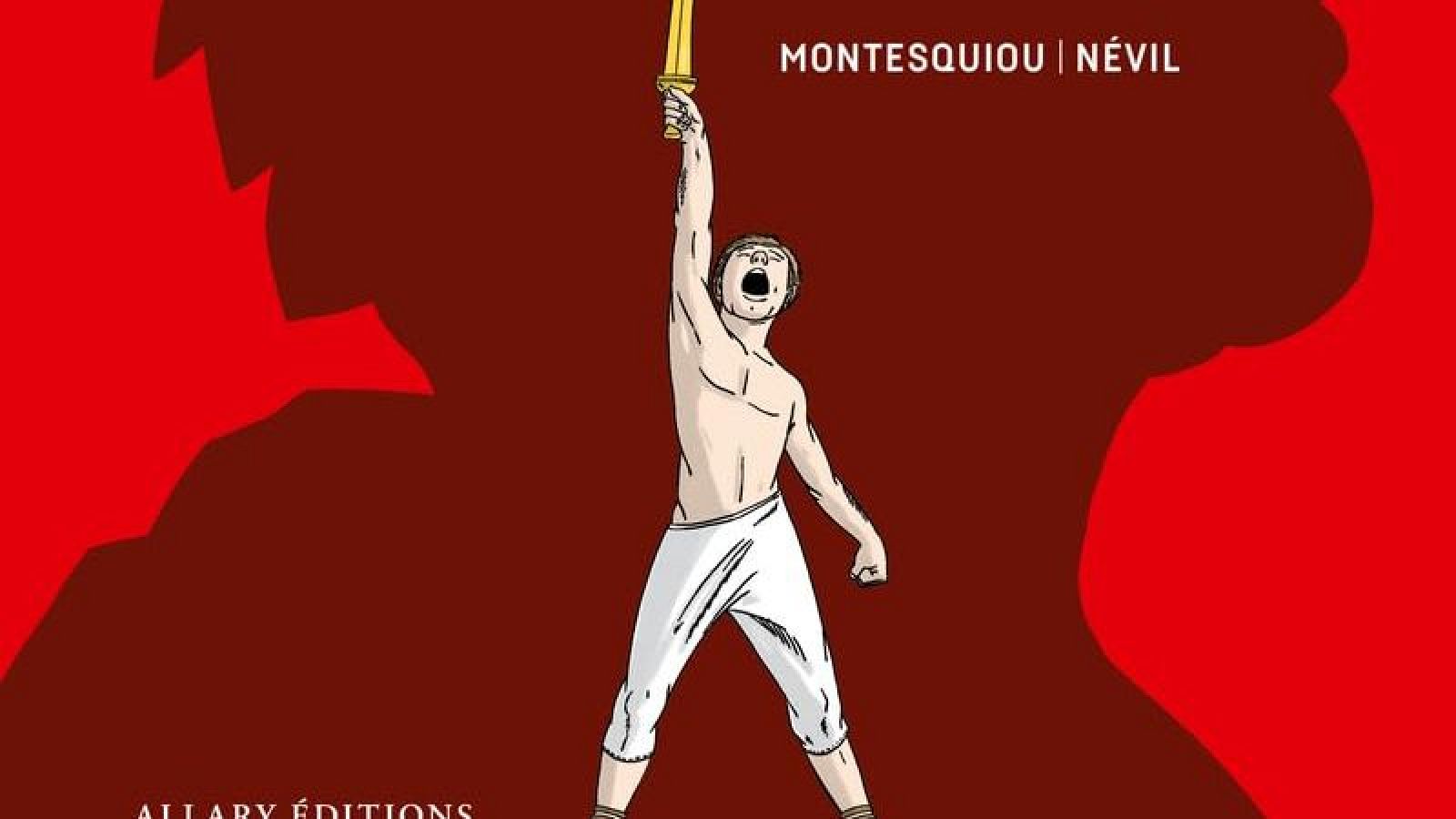 Portada de cómic: figura musculosa con espada dorada sobre fondo rojo, con los nombres de los autores y la editorial.