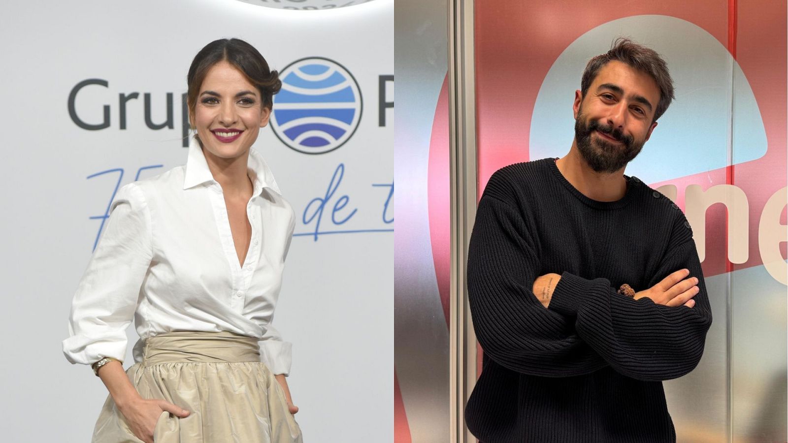 Esther Vaquero, con camisa blanca y falda beige, y Rayden, con jersey negro, aparecen en una imagen que sugiere una entrevista o colaboración en un contexto de noticias culturales.