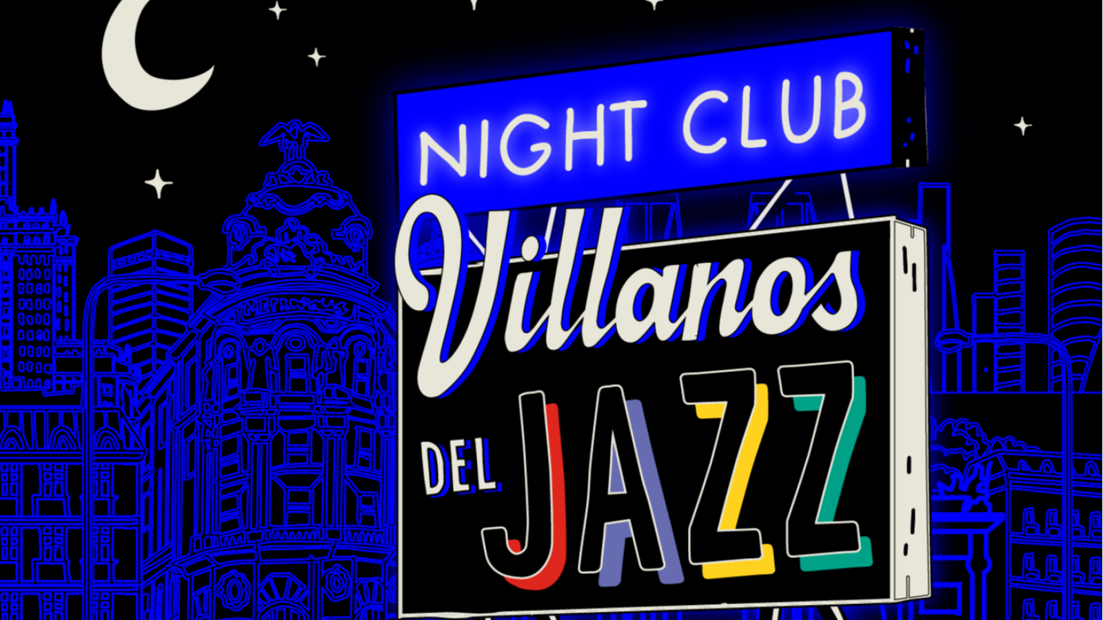 Cartel de programa de radio nocturno con diseño urbano y tipografía colorida.  Incluye letrero "NIGHT CLUB" y el nombre del programa con detalles en azul, rojo, amarillo y verde.