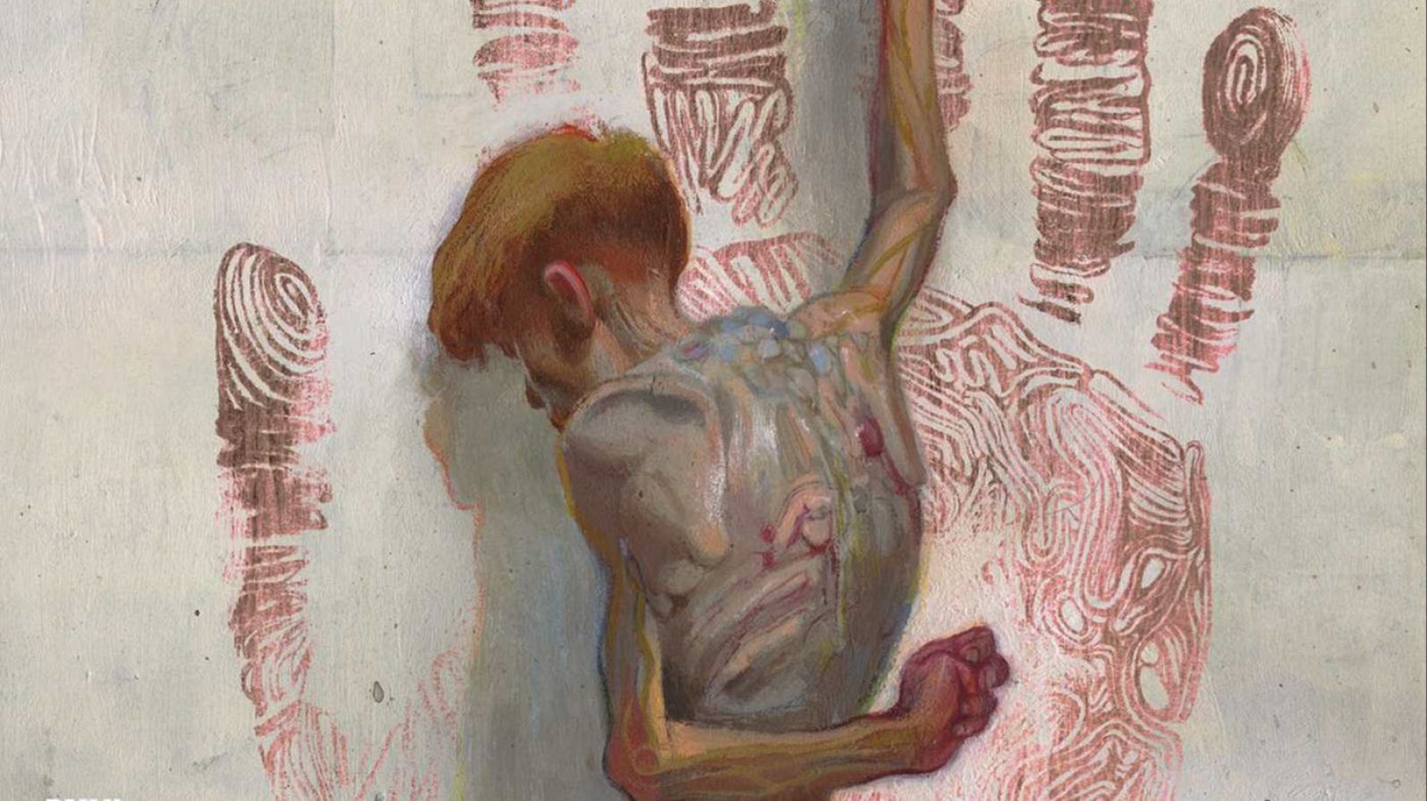 Portada de cómic: figura delgada de espaldas, brazo extendido hacia una gran huella roja de seis dedos.  Vulnerabilidad y control.