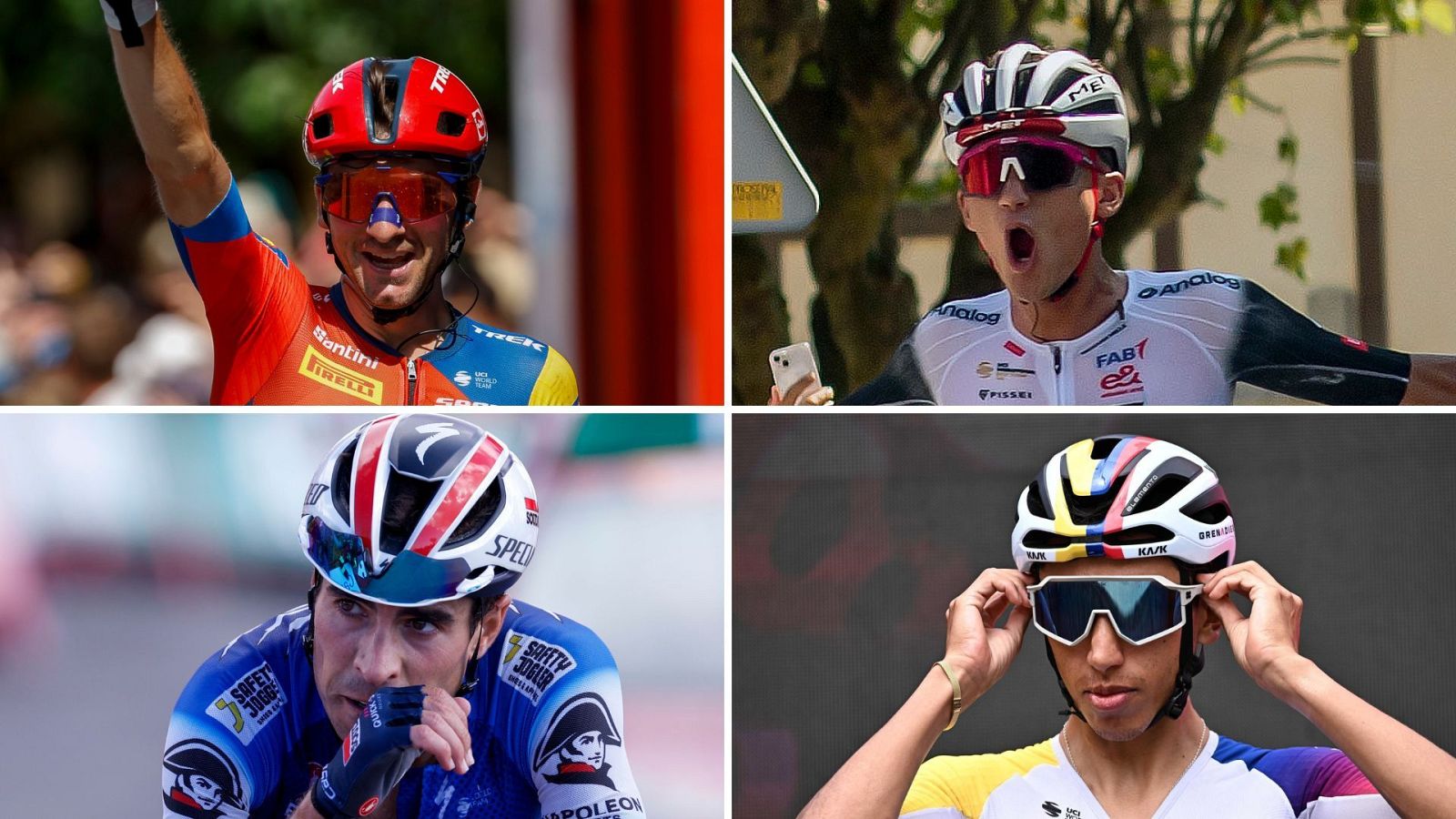 De izquierda a derecha y arriba abajo, Giulio Ciccone, Isaac del Toro, Mikel Landa y Egan Bernal, en una fotocomposición