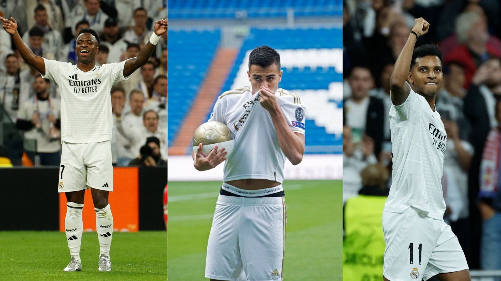 Tres fotos de jugadores del Real Madrid celebrando goles o con un balón. Un jugador luce el dorsal 11, otro el 7.  Una imagen muestra a un jugador tapándose la cara con la camiseta.