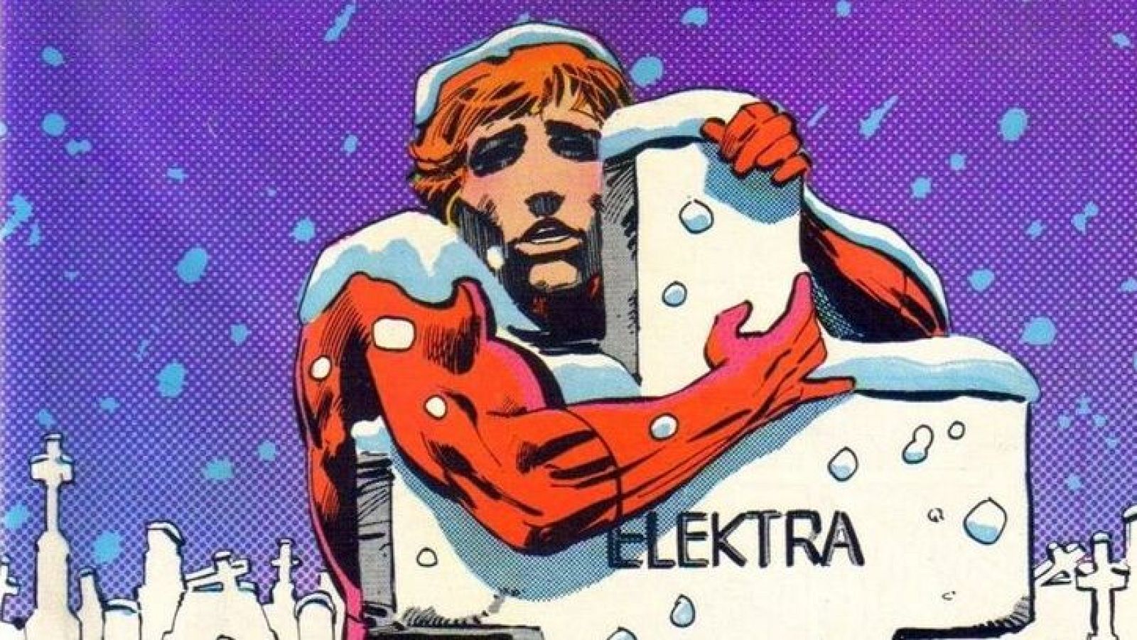 Daredevil, en su traje rojo, abraza con tristeza una lápida nevada con el nombre "Elektra" en un cementerio. Escena de luto.