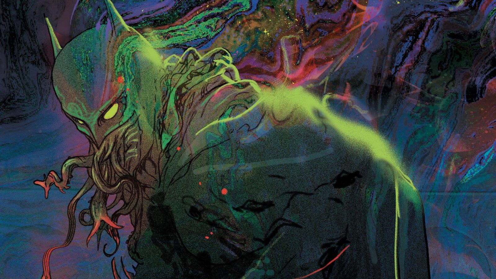 Batman, estilo surrealista, enredaderas verdes y rojas cubriendo su rostro, máscara y capa verde oscuro, fondo psicodélico con remolinos de colores vibrantes.