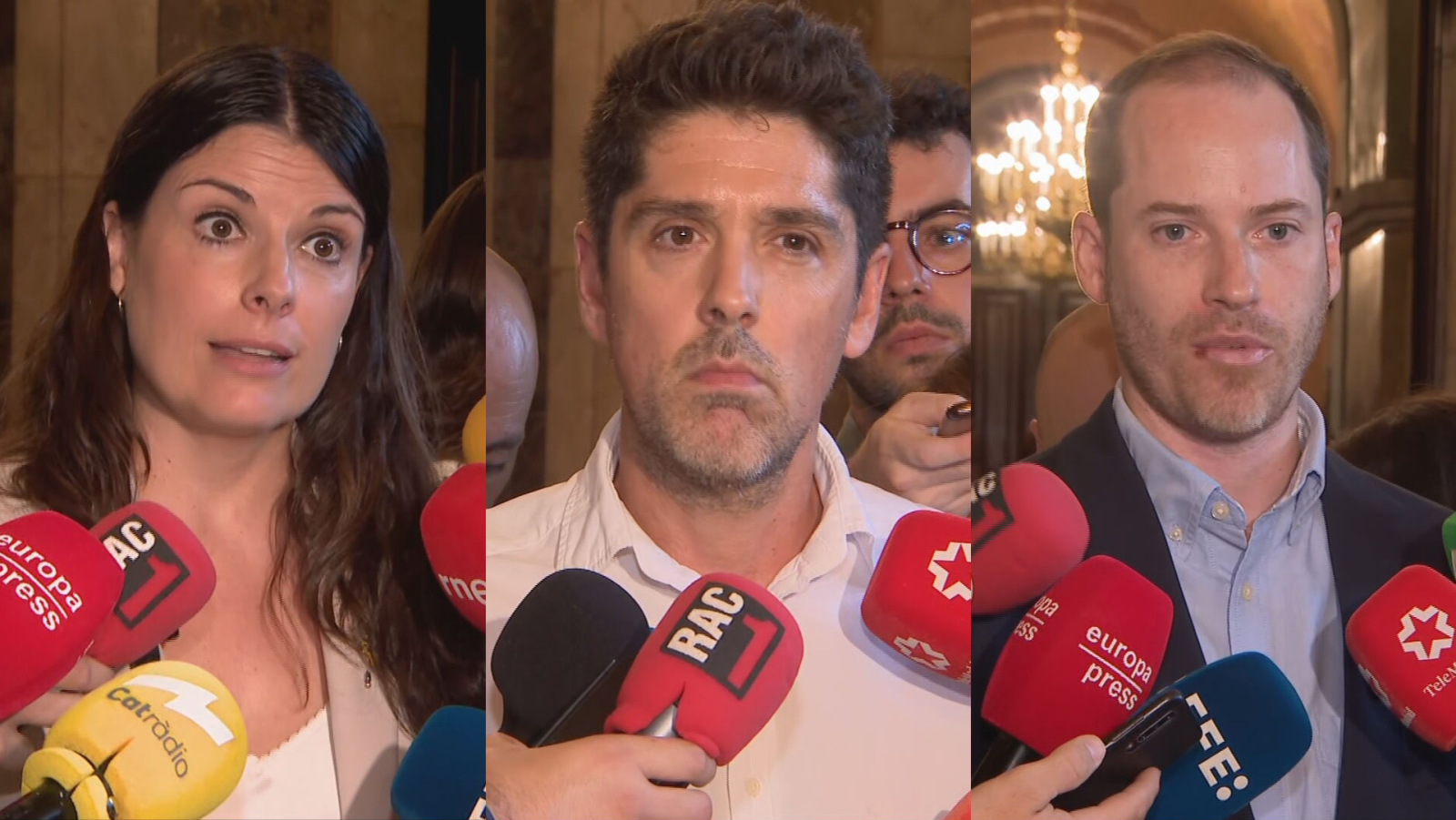 Els portaveus parlamentaris de Junts, Mònica Sales, els Comuns, David Cid, i el Partit Popular, Juan Fernández