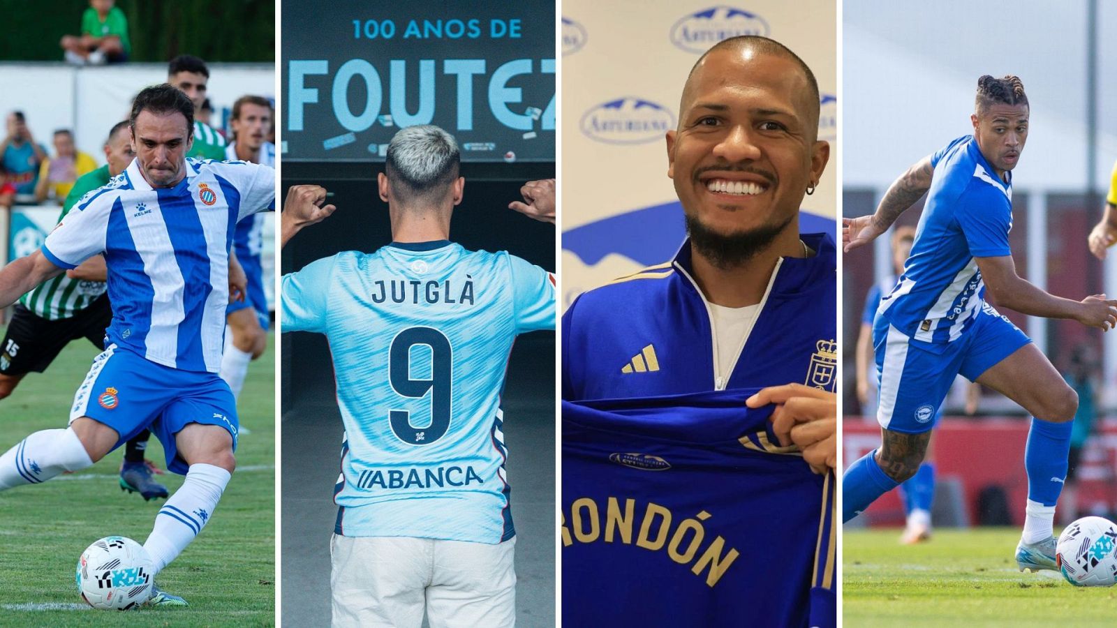 Cuatro futbolistas con el dorsal '9' en La Liga: imágenes de juego y presentaciones. Se aprecian las camisetas de sus equipos.