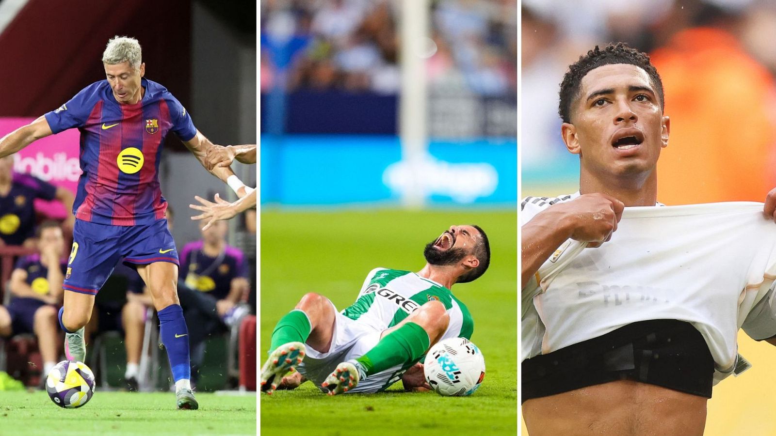 Imágenes de la pretemporada en La Liga: Lewandowski (FC Barcelona) en acción, un jugador del Betis lesionado y Bellingham (Real Madrid) con monitorización corporal.