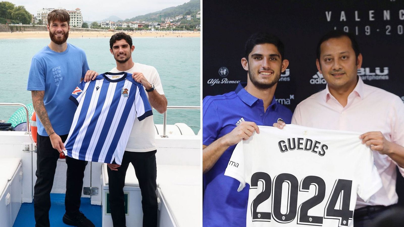 Presentación de Gonçalo Guedes como jugador del Valencia CF. Fotos muestran a Guedes en un barco y con Peter Lim, ambos con camisetas del club.
