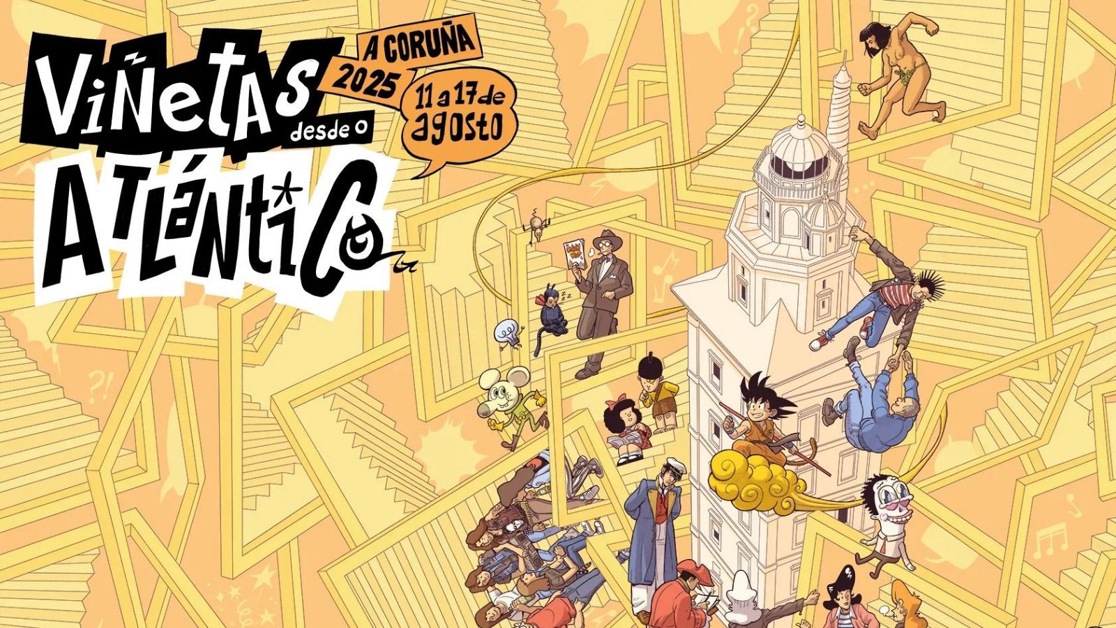 Cartel de Viñetas desde o Atlántico (A Coruña, 11-17 agosto 2025).  Ilustración surrealista con personajes de cómic, incluyendo a Son Goku, y la Torre de Hércules.