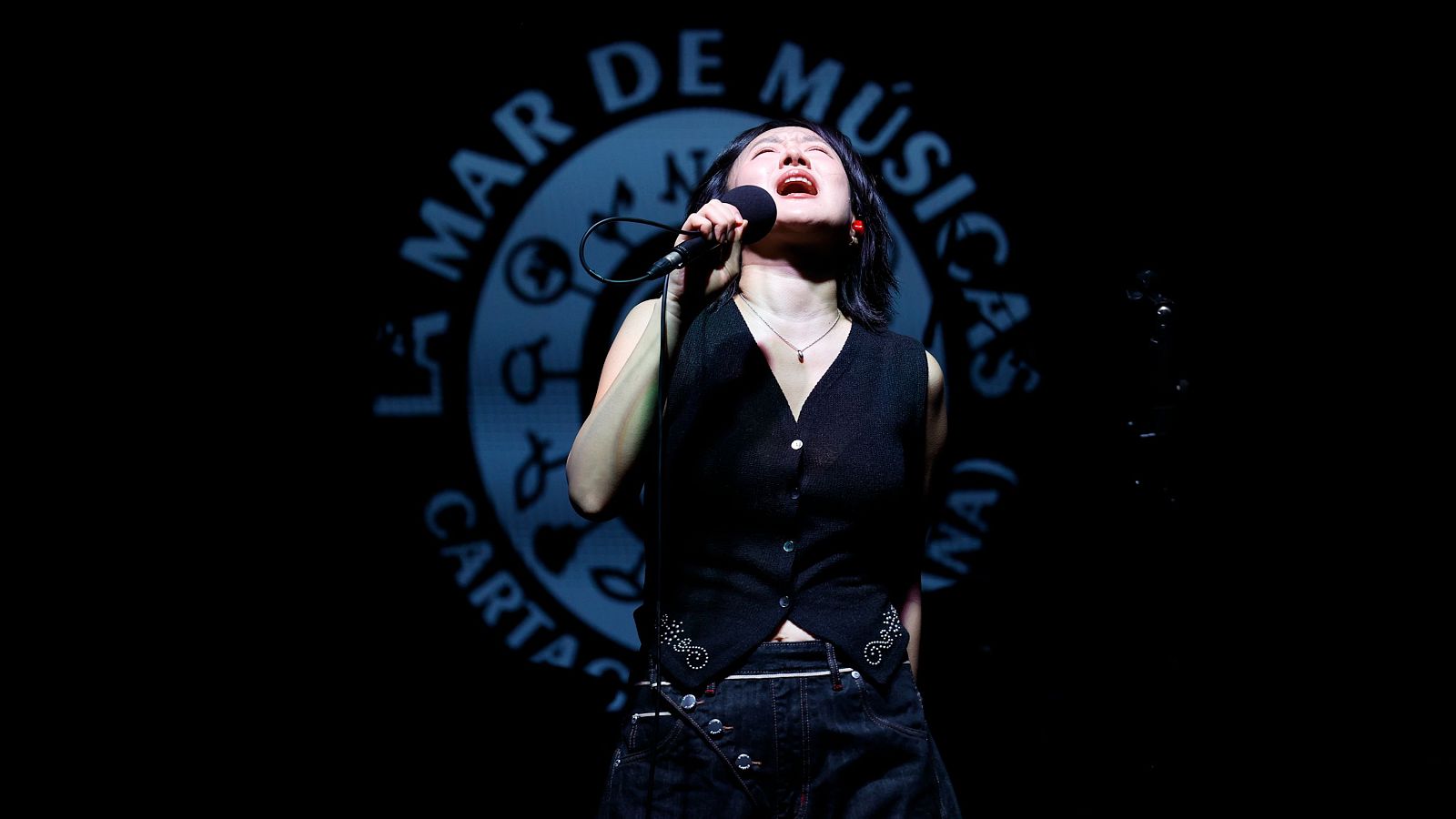 Cantante con micrófono en escenario, chaleco negro sin mangas y pantalones oscuros. Fondo negro con logo circular azul del festival.