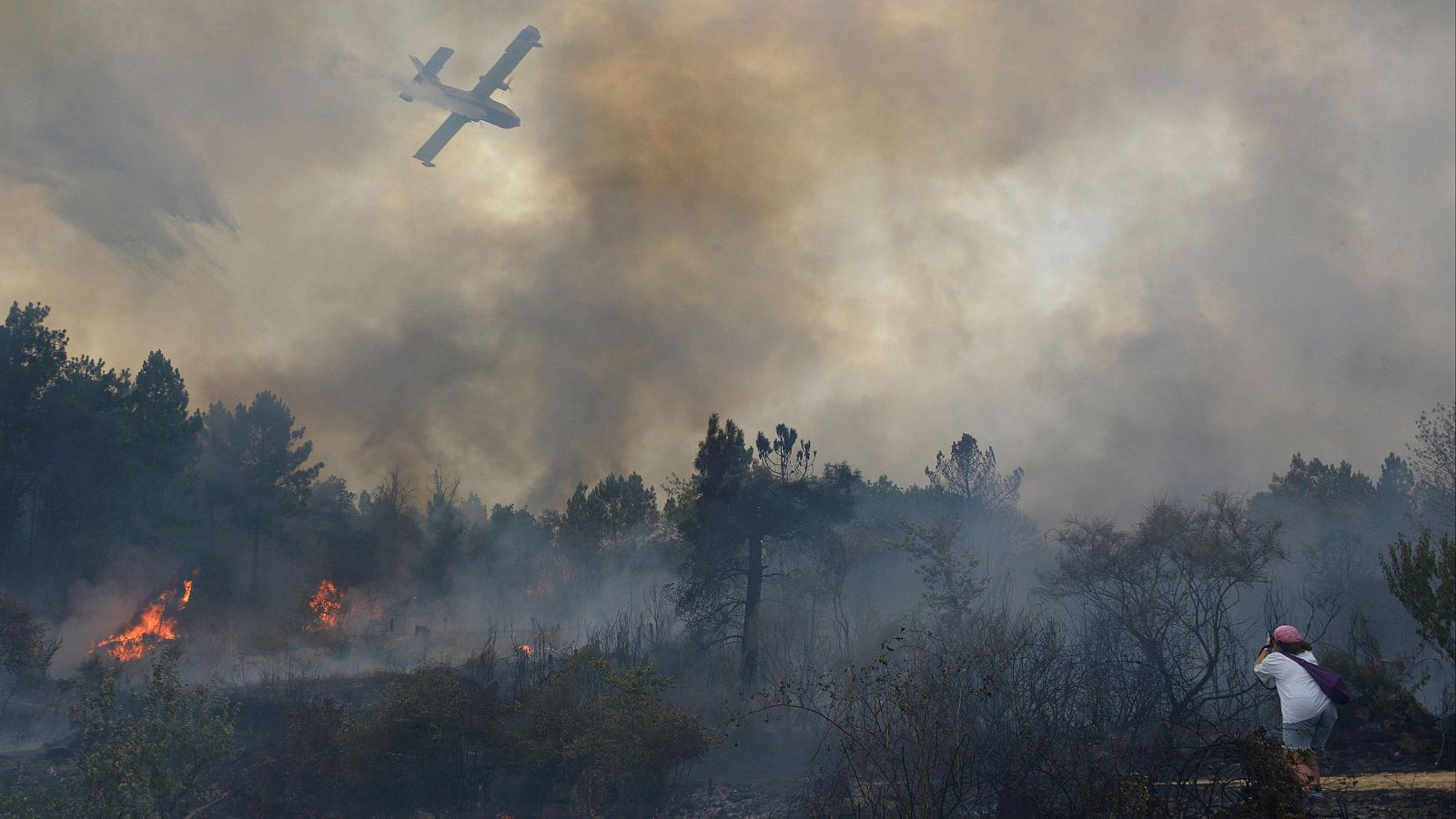 Un hidroavión trata de extinguir el incendio, a 12 de agosto de 2025, en Seixalbo, Ourense, Galicia