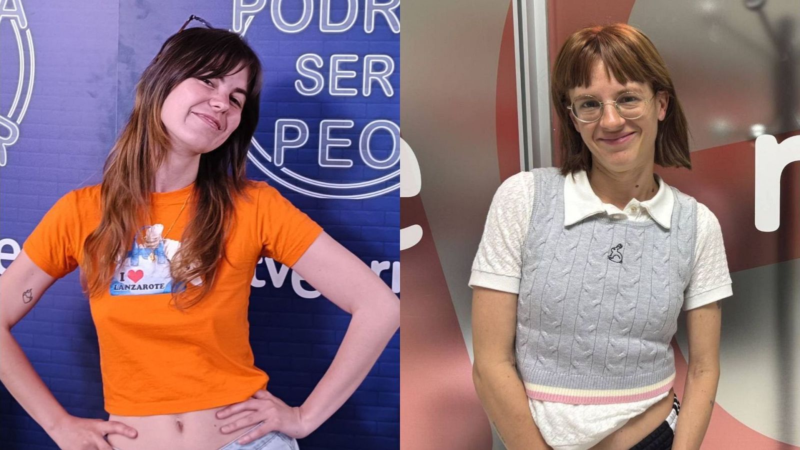 Dos retratos: uno de una persona con camiseta naranja y el otro con chaleco gris y gafas.  Fondos con texto parcialmente visible.