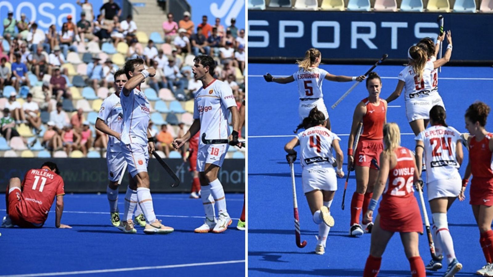 Imágenes del Europeo de hockey hierba: celebración del equipo masculino español y jugadoras del equipo femenino en acción. Se observan dorsales como el 11, 18, 5, 4, 21, 54, 24 y 26.
