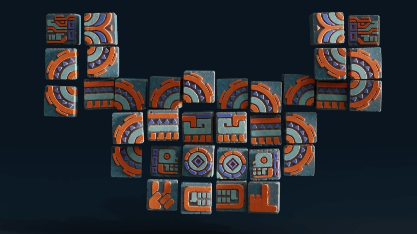 Mosaico de bloques cuadrados con diseños geométricos en tonos rojizos y turquesa, formando una calavera estilizada similar a las calaveras de azúcar.