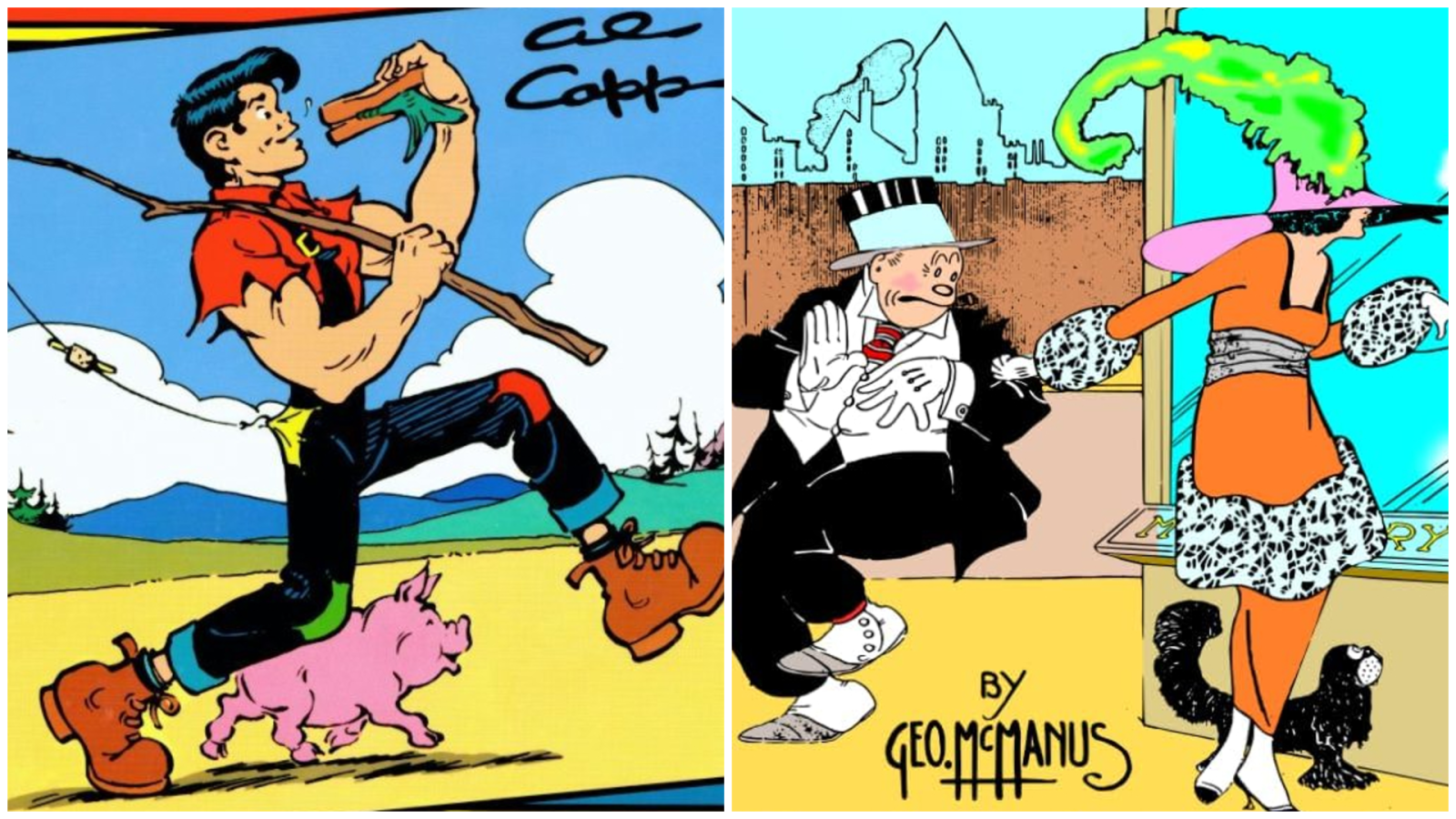 Viñetas de tiras cómicas: un hombre musculoso sobre un cerdo y un hombre elegante sorprendido junto a una mujer y un perro.