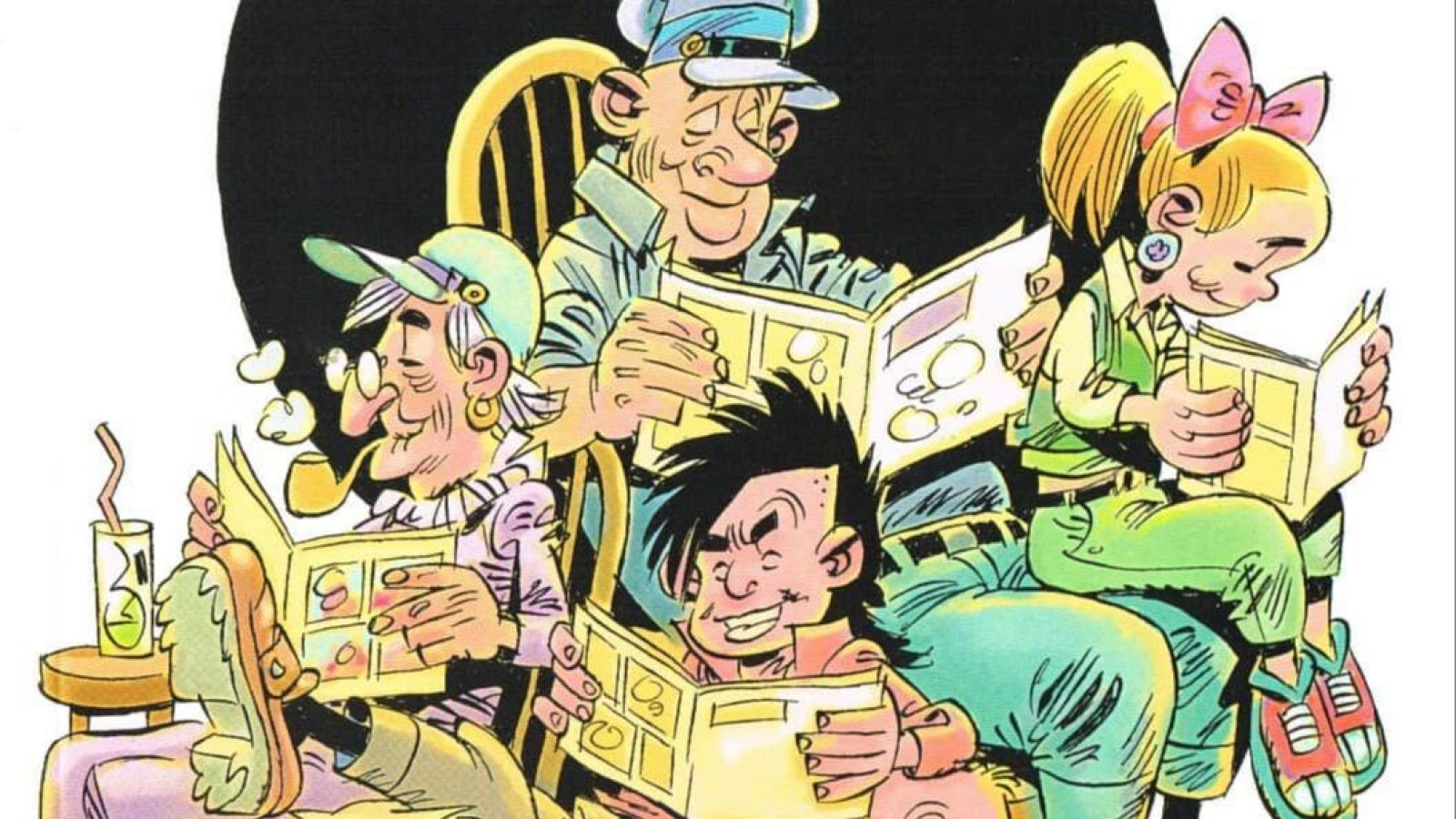 Portada de libro mostrando a cuatro personas leyendo cómics; un anciano, un hombre con gorra, una niña y un joven.  Representa la lectura de cómics a través de generaciones.