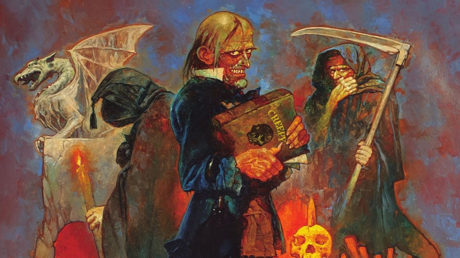 Ilustración de terror con figuras encapuchadas, un monstruo sosteniendo un libro con la palabra 'CREEPY', velas, llamas y una gárgola. Atmósfera oscura y gótica.