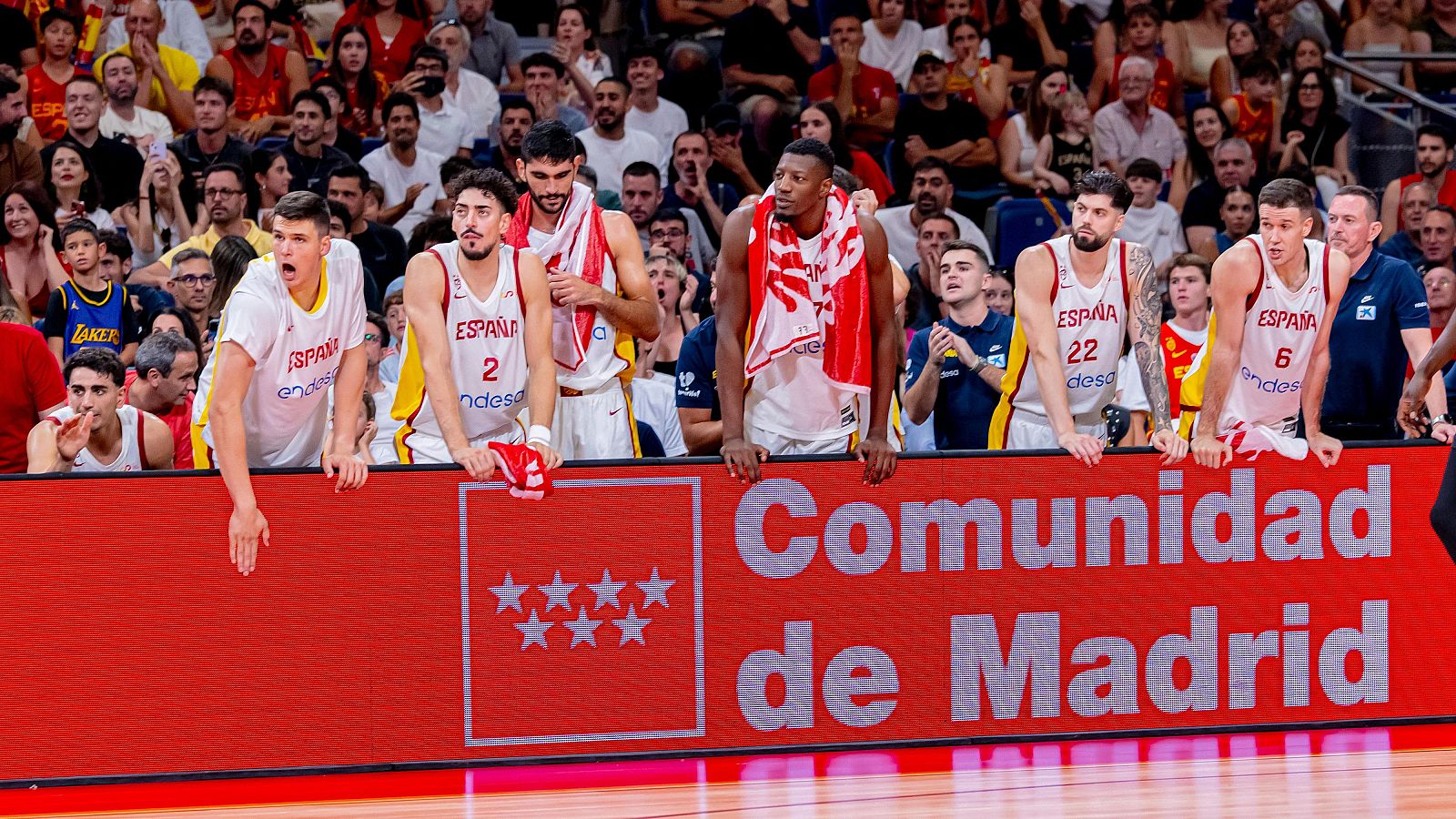 Jugadores de baloncesto españoles en la banda, con equipación roja y banderas, durante un partido.  Panel publicitario rojo con el texto 'Comunidad de Madrid' visible.