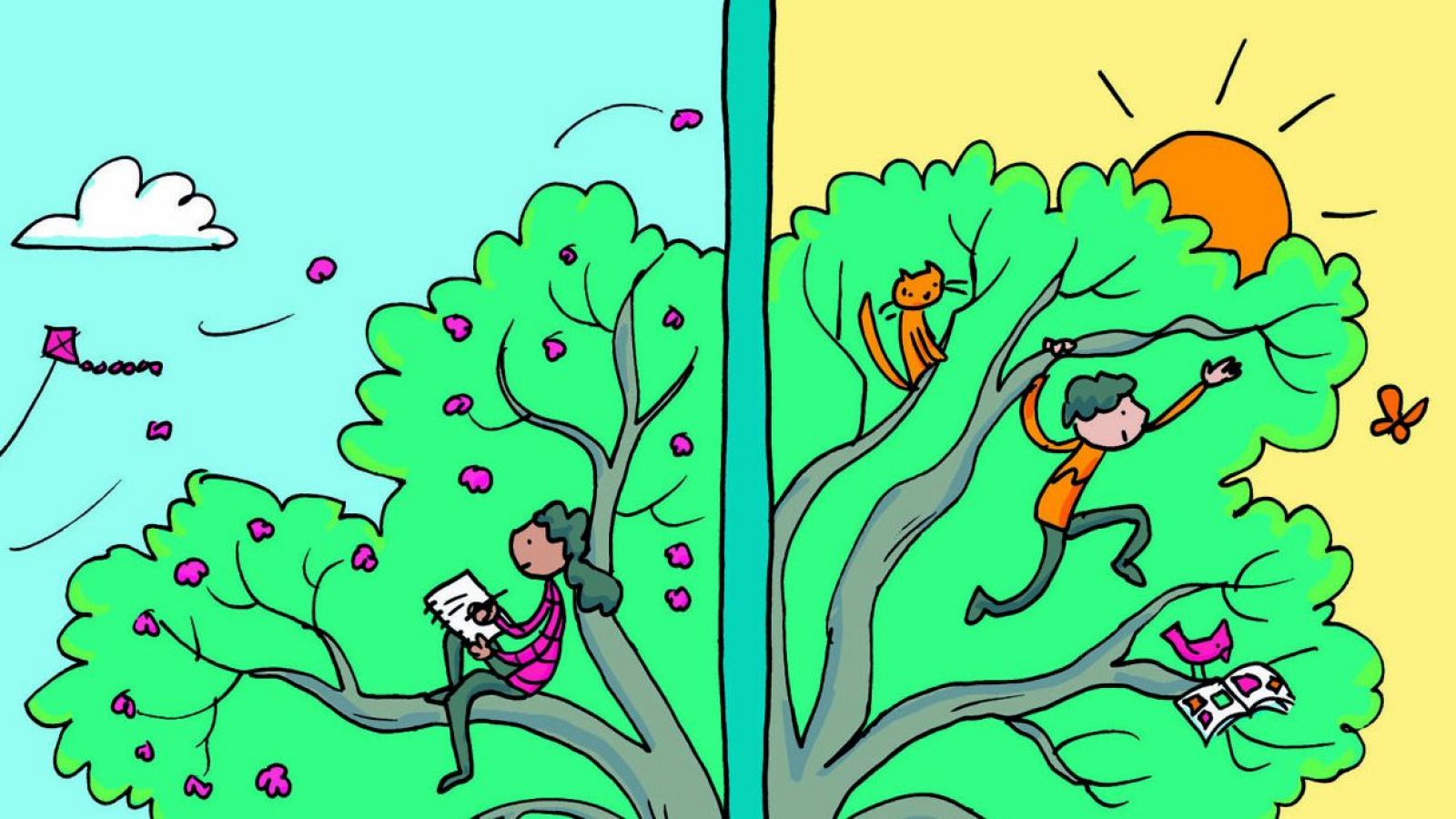 Árbol dividido en dos escenas con personajes leyendo y trepando, acompañados de animales y objetos. Colores vivos y estilo infantil.