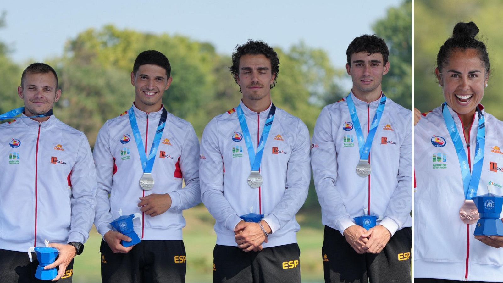 Fotocomposición con el C4 500 masculino español (izquierda) y María Corbera en el podio del Mundial de piragüismo Milán